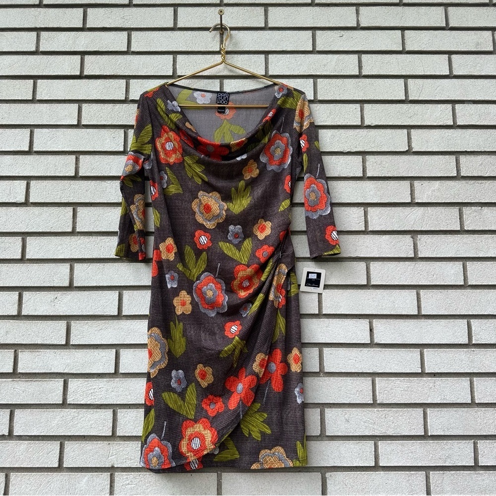 Clara Sunwoo Brown Floral Cowl Neck Dress S 3/4 Sleeve Retro Print NWT